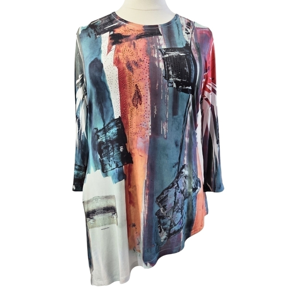 Jess & Jane Watercolor Abstract Asymmetrical Hem Tunic Stretch Artsy Art to Wear